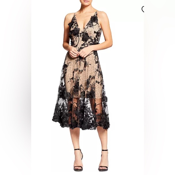 Dress the Population Audrey Floral Appliqué Lace Dress Black and Nude Size XL